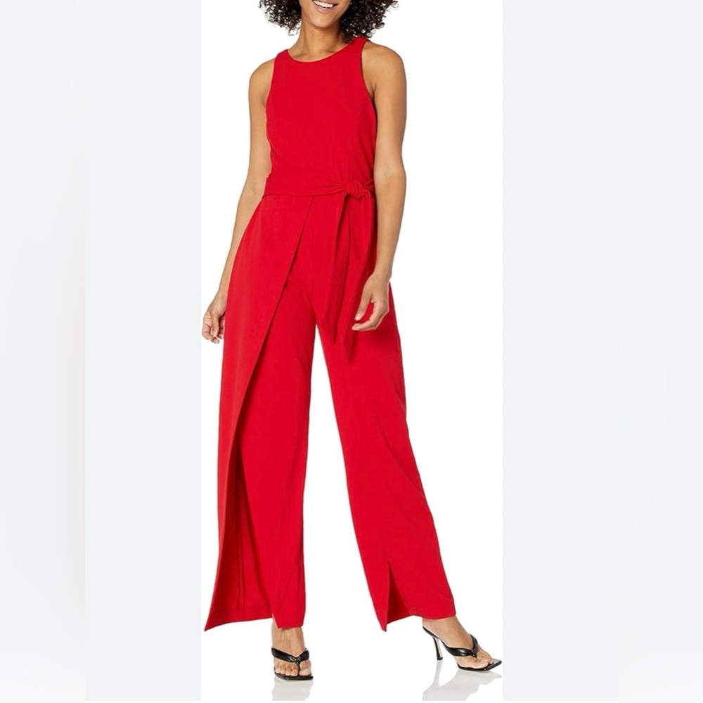 2 for $30: NWT Nine West red flyaway jumpsuit , wide wrap style legs, belt - 14